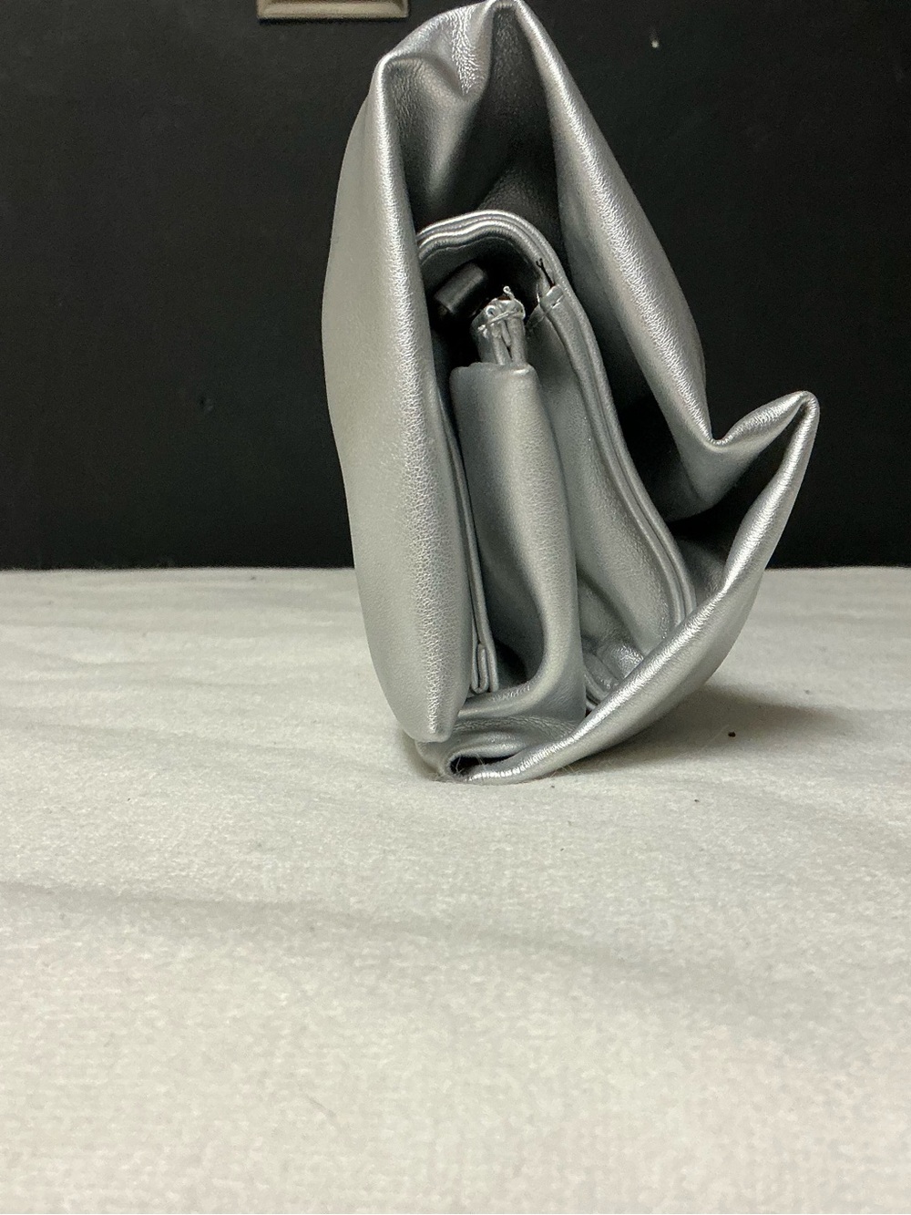 Silver Satin Bow Clutch with Gold Emblem - Picture 5 of 8